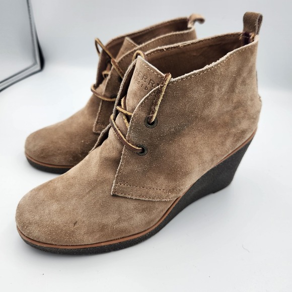 SPERRY Top Sider Harlow Burnished Leather Wedge Ankle Booties Camel Brown‎ Sz 8 - Picture 1 of 5